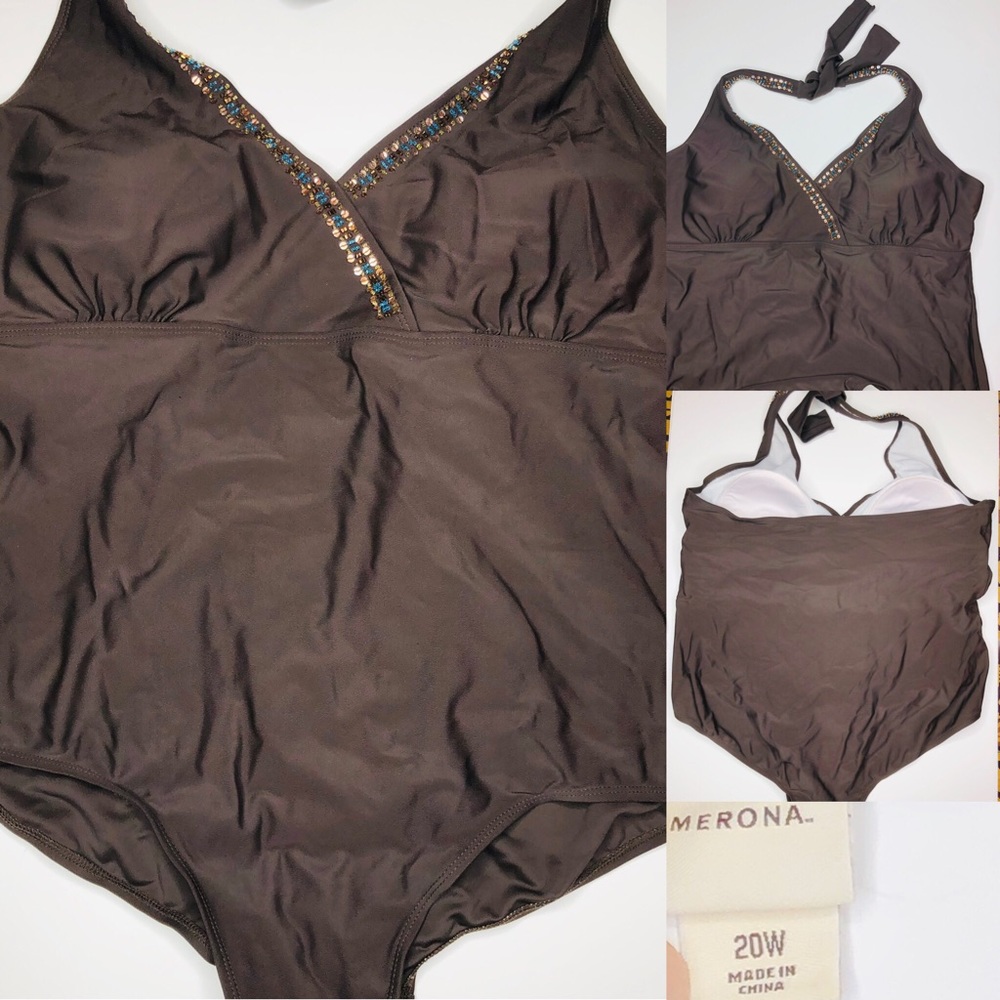 Chocolate One Piece Swimsuit with beading details